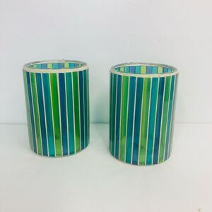 vintage y2k tag aqua blue green mosaic stripe candle votives 3 3/4 x 2 5/8 in